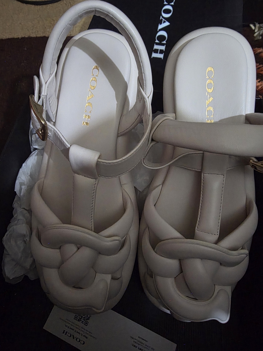 COACH Cream Braided Leather Sandals with Gold Buckle